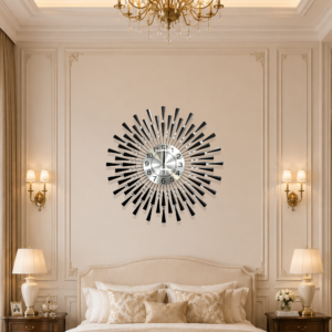 Black Fan‑Shaped Crystal Sunburst Wall Clock