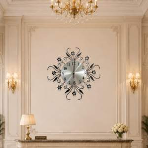 Black Floral Scroll Crystal Wall Clock