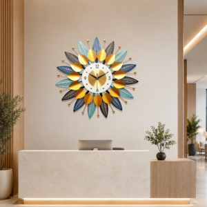 Multi‑Color Layered Leaf Sunburst Metal Wall Clock