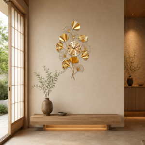 Vertical Golden Ginkgo Leaf Metal Wall Clock
