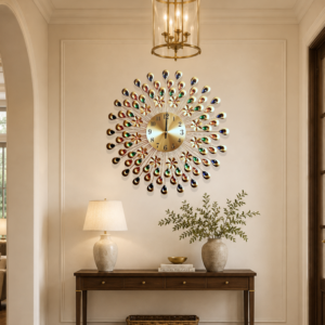 Golden Colorful Peacock Teardrop Wall Clock