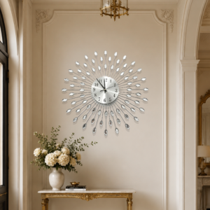 Silver Starburst Marquise‑Crystal Wall Clock