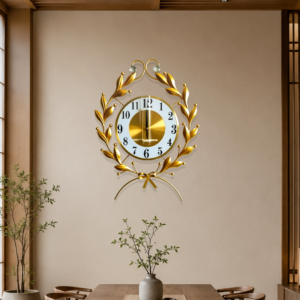 Golden Laurel Wreath Bow Wall Clock
