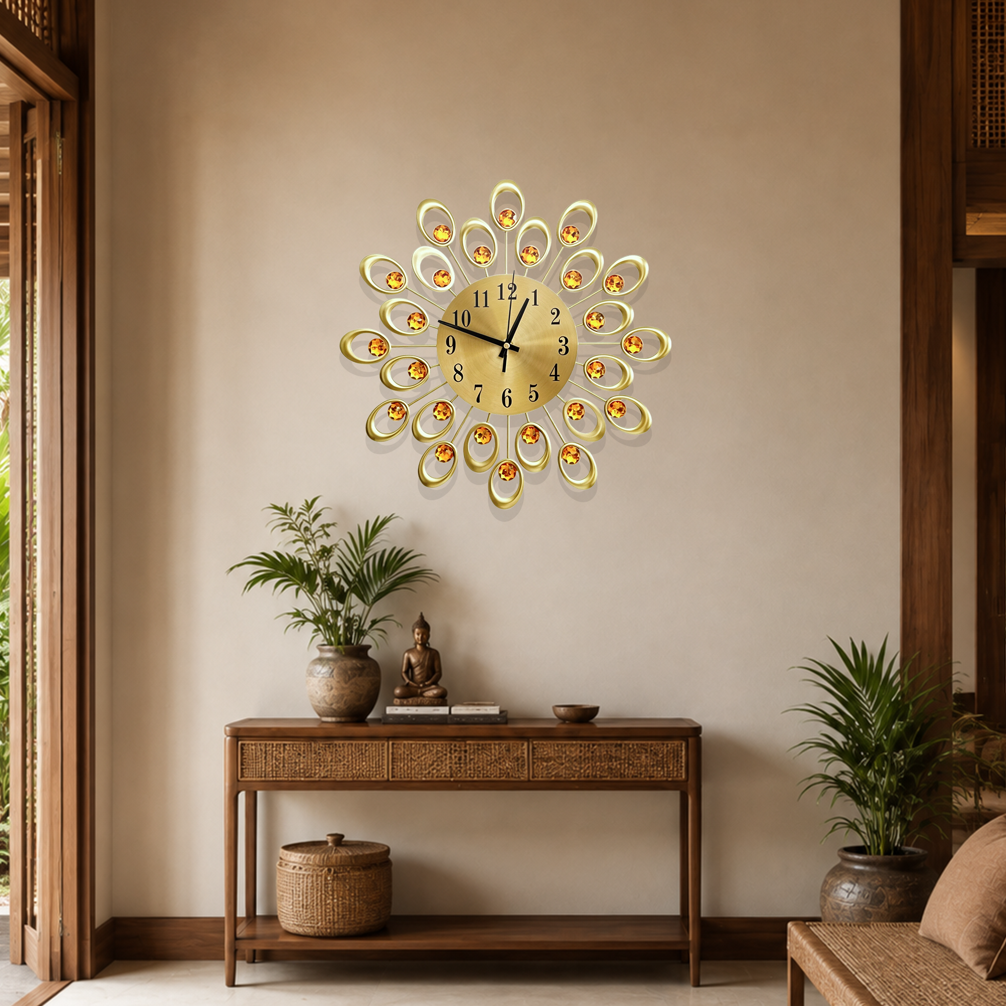Golden Hollow Oval Amber Crystal Wall Clock