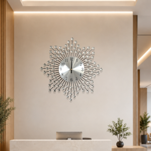 Silver Square‑Crystal Sunburst Wall Clock