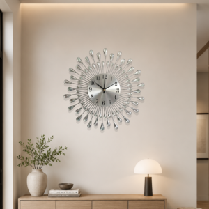 Silver Teardrop Crystal Sunburst Wall Clock