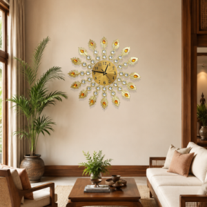 Ornate Peacock‑Feather Radial Wall Clock
