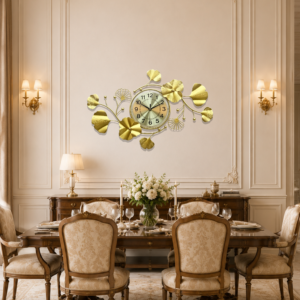All‑Gold Ginkgo Floral Horizontal Metal Wall Clock