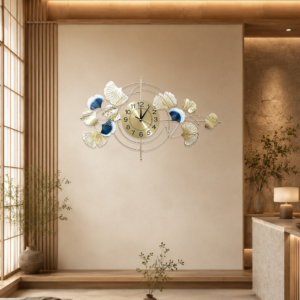 Golden‑Blue Ginkgo Circular Metal Wall Clock
