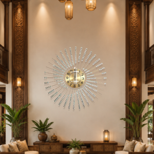 Golden Multi‑Bead Crystal Sunburst Wall Clock
