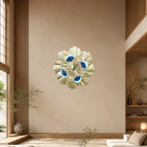 Round Golden‑Blue Ginkgo‑Leaf Wall Clock