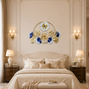 Blue‑White Ginkgo Floral Metal Wall Clock