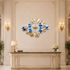 Symmetrical Blue‑Gold Ginkgo Metal Wall Clock