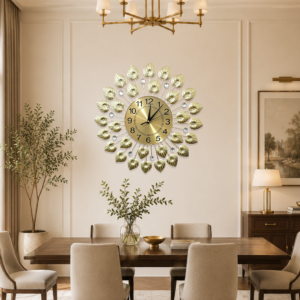 Golden Textured‑Leaf Crystal Wall Clock