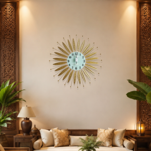 Golden Wheat‑Leaf Sunburst Wall Clock