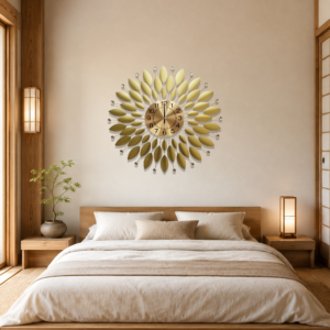 Golden Leaf Crystal Accent Metal Wall Clock